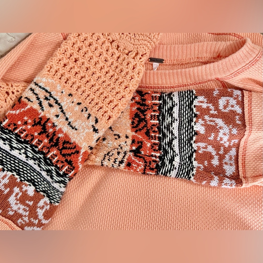 Free People Peach Patchwork Crewneck Sweater